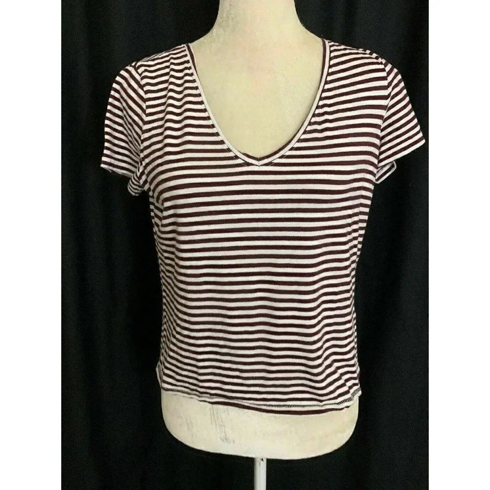 Zara Womens Purple Plum White Striped Short Sleeve Top T Shirt V Neck Small